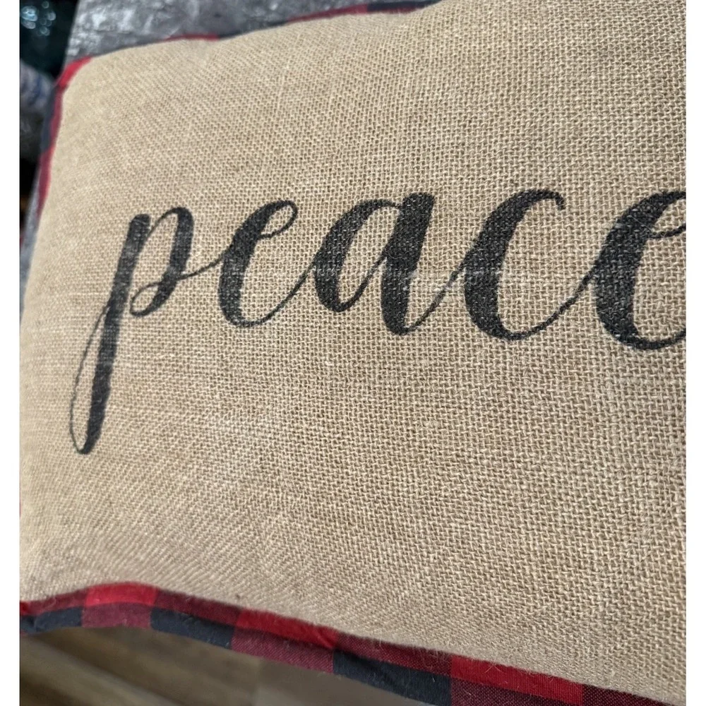 Newport Holiday Christmas Peace Decorative Pillow Burlap Plaid Down Filled 20X14